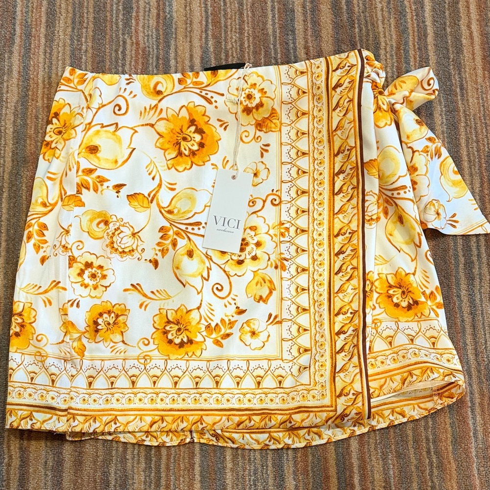 VICI White and Yellow Floral Wrap Skirt